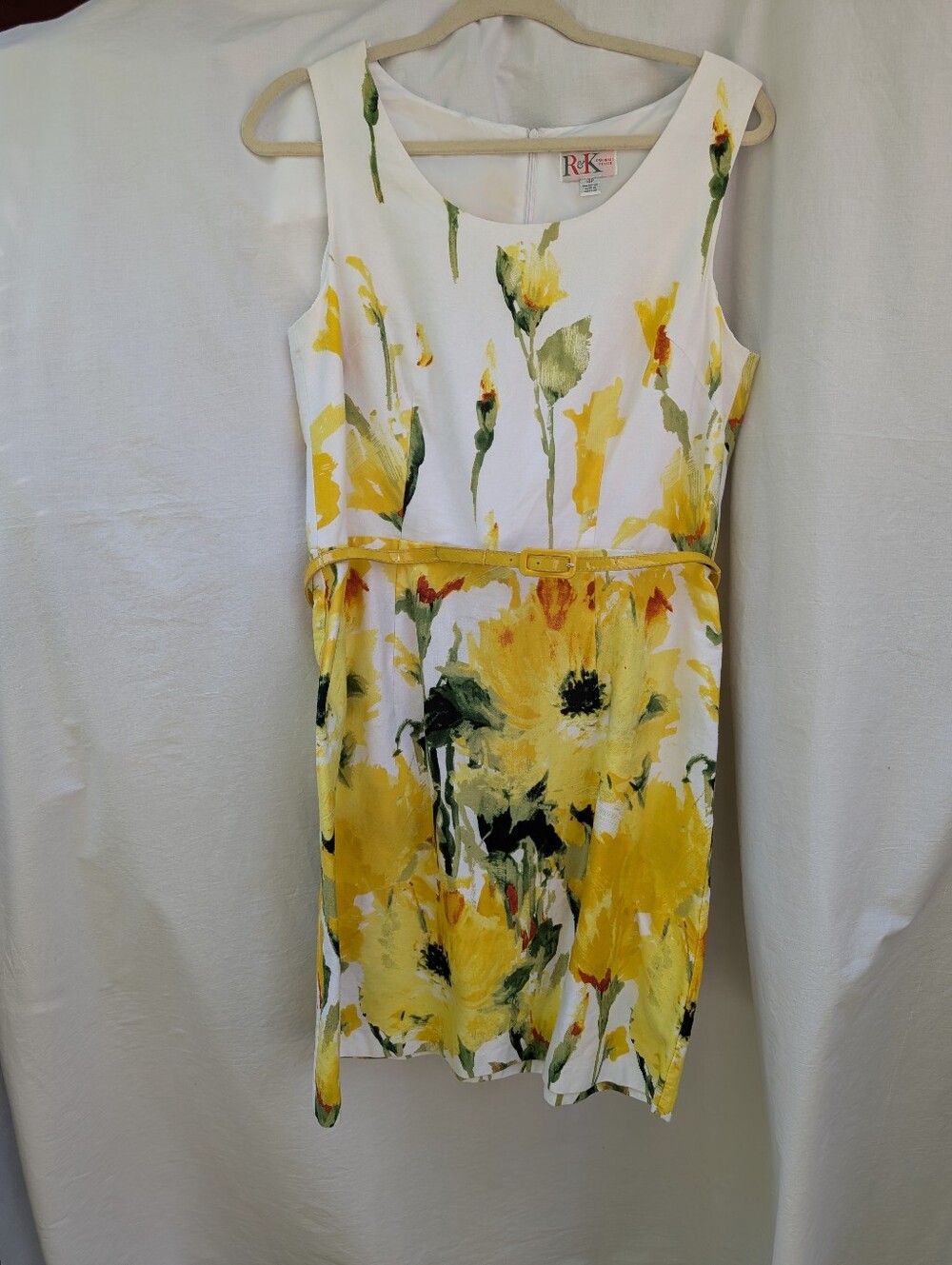 R&K Originals Cotton Floral Dress White Yellow Green Sz 14P